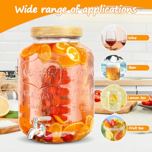 2 Gallon Glass Beverage Dispenser with Wood Stand & Stainless Steel Spigot