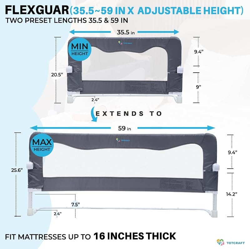 Toddler Bed Rail Guard - Adjustable Fits Twin to King Beds, Grey, 35.5/59 Inches
