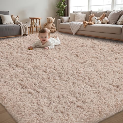 Beige 8x10 Fluffy Shag Area Rug for Living Room & Bedroom, Non-Slip