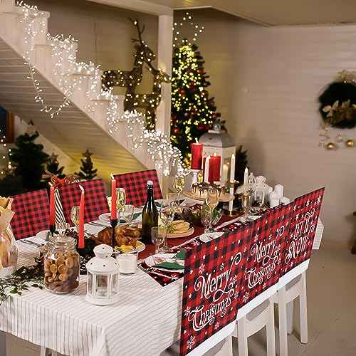 CCINEE 2pcs Christmas Chair Back Covers, Red and Black Buffalo Plaid Chair Slipcovers with Snowflake Xmas Chair Back Cover for Dining Room Kitchen Wedding Hotel Xmas Party Table Decor