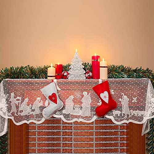 Tegeme Christmas Fireplace Scarf White Lace Jesus Garland Decoration Christmas White Lace Jesus Garland Scarf Fireplace Cloth Indoor Christmas Decorations for Home Living Room, 20 x 90 Inches