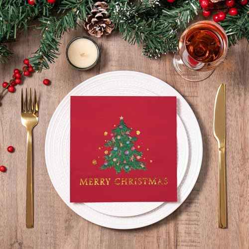 WRAPAHOLIC 50Pcs Christmas Napkins - Christmas Tree with Colorful Light 3-Ply Disposable Cocktail Napkin for Christmas Party Supplies Tableware, Xmas Holiday - 5 x 5 In
