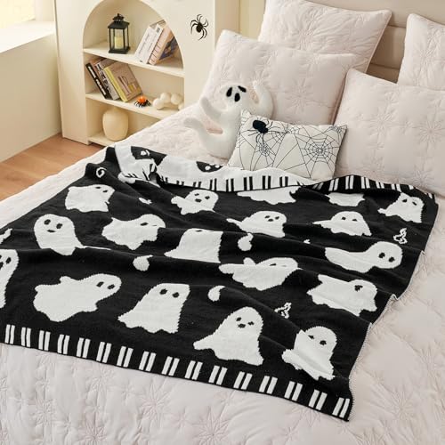 Halloween Ghost Throw Blanket - Black & White 50x60 Inch Chenille Cozy Sofa Decor