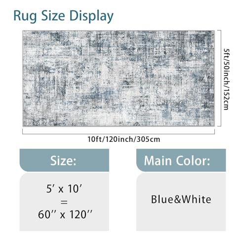5x10 Blue Non-Slip Washable Hallway Runner Rug - Soft Low-Pile Area Rug