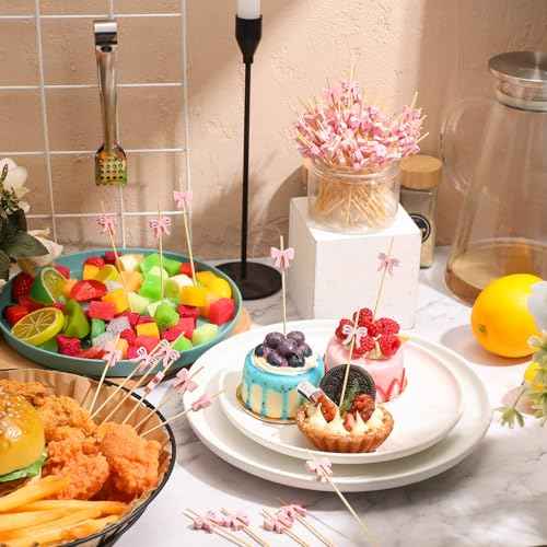 Queekay 100 Pcs Pink Bow Cocktail Christmas Picks Bow Cupcake Toppers Baby Shower Decorations for Wedding Bridal Birthday Pinks Theme Party Decorations Fruit Drink Dessert Bachelorette