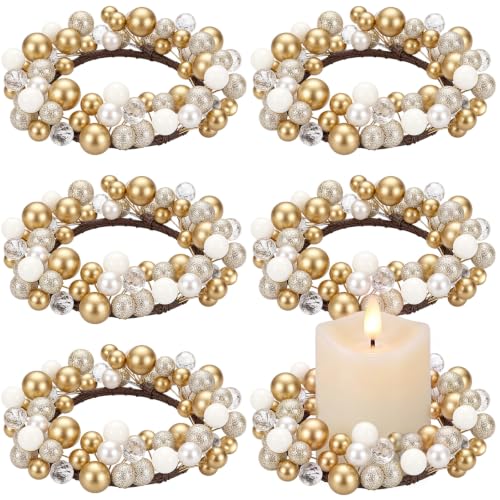 Luinabio 6 Pcs Christmas Candle Ring Set – Gold & White Mini Wreaths