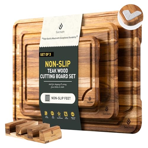 Multi-Size Teak Cutting Board Set - 3 Pack with Holder - Non-Toxic Kitchen Wood Boards