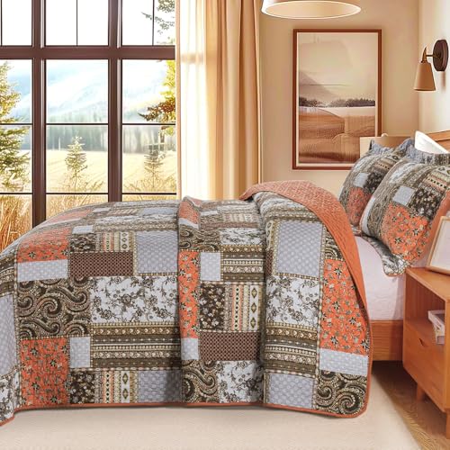 Dreamland Orange 100% Cotton King Quilt Set - Farmhouse Bedspread, 98x106 in
