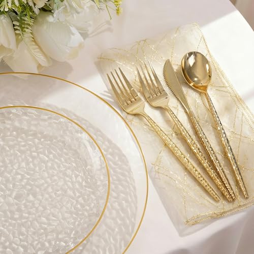 Disposable Plastic Plates Set - Clear & Gold Hammered Design for Parties