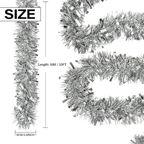 33FT Silver Christmas Tinsel Garland Decorations, Shiny Thick Rope