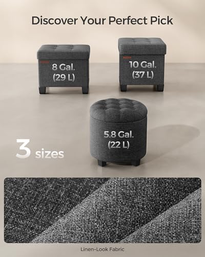 Round Storage Ottoman with Linen-Look Fabric - Dark Gray, 17.7 Inch