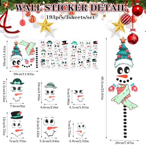 193Pcs Snowman Face Stickers for Crafts Cute Vinyl Snowman Face Decals Christmas Window Sticker Winter Wall Decals for Christmas Glass Water Bottles Cup Window Wall Ornaments Party Decorations