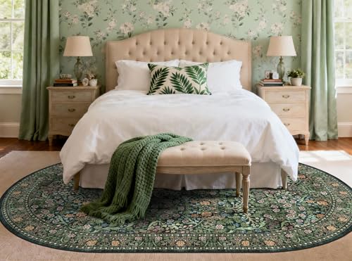 Dark Green Floral Oval Rug - 6x9 Boho Living Room Area Rug - Non-Slip, Machine Washable