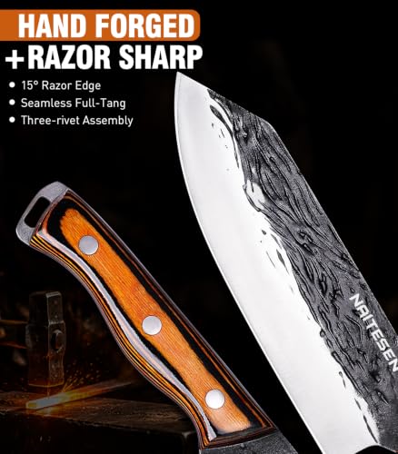 Naitesen 4PCS Hand Forged Butcher Knife Set with Heavy Duty Meat Cleaver and Slicing Knives