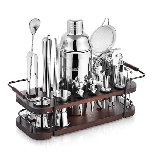 KITESSENSU Silver 24-Piece Cocktail Shaker Set with Stand - Complete Bartender Kit