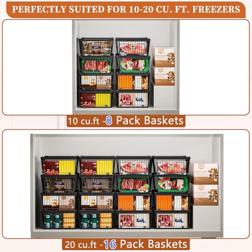Black Freezer Organizer Bins 4 Pack for 10-20 Cu.Ft Freezers, Leak-Proof Bottom