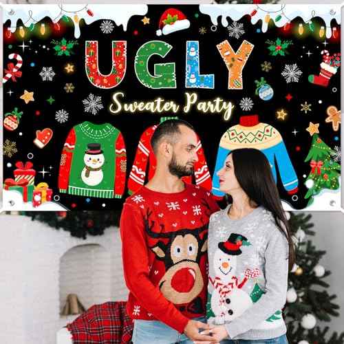 Avezano Ugly Sweater Party Banner Ugly Christmas Sweater Party Decorations Backdrop Xmas Elfed Up Photo Booth Background Banner (6x3.6ft)