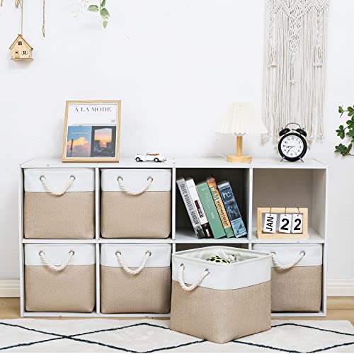 MidmmVick 11x11 Inch Collapsible Storage Bins, 6 Pack White & Beige