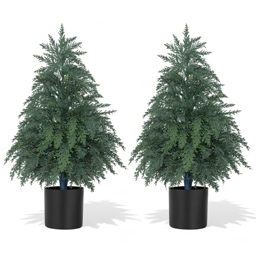 Artificial Cedar Topiary Trees with Pots - 2 Pack, 2 Feet Tall, Realistic & Eco-Friendly