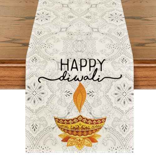 Artoid Mode Happy Diwali Table Runner, Festival of Light Marigold Holiday Kitchen Dining Table Decoration for Indoor Outdoor Home Party Decor 13x90 Inch