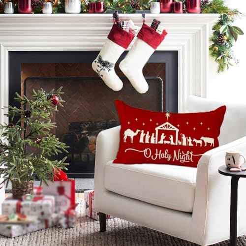 RABUSOFA Christmas Pillow Covers 12x20 Inch,Christmas Pillows Decorative Throw Pillow,O Holy Night Pillow Cases,Red Cushion Covers Decor Xmas Holiday Couch Sofa Cross Joy(22)