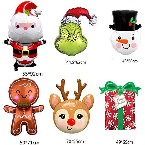 7PCS Large Christmas Aluminum Foil Balloons Santa Claus/Snowman/Reindeer /Gingerbread Man/Tree Balloons for Christmas New Year Decor Winter Theme Carnival Party Decoration
