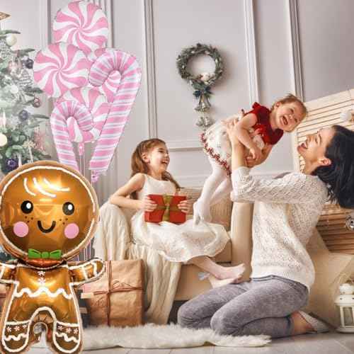 Christmas Balloons Decorations - Gingerbread Balloons Pink Candy Cane Balloon Gingerbread Man Foil Balloons for Winter Themed Christmas Party Decor Supplies