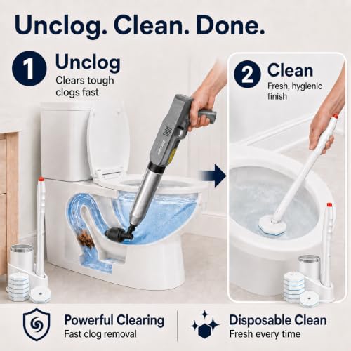 Electric Toilet Plunger with High-Pressure Air Unclogger & Disposable Wand System