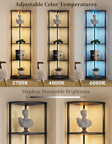 Black Corner Shelf with LED Light and Remote, 5-Tier Floor Display Shelf for Living Room & Bedroom