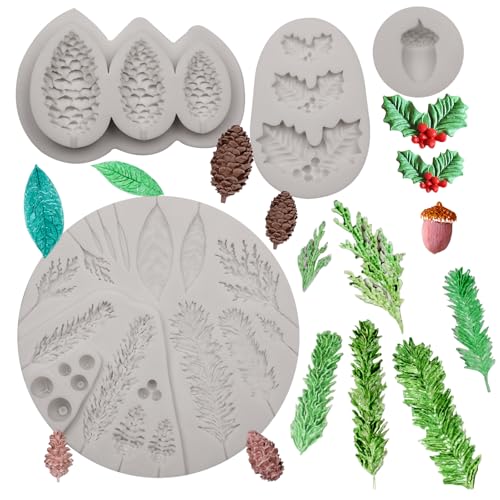 Christmas Pine Cone and Holly Leaves Silicone Molds Set, Winter Leaves Fondant Chocolate Candy Molds for Cake Decorating