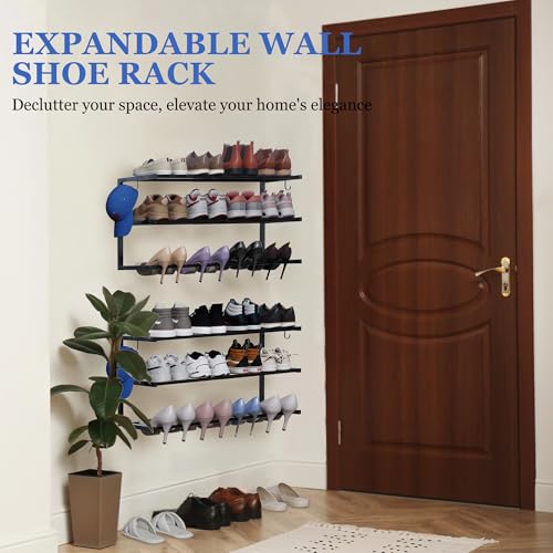 Jchccu 4-Pack Wall Mounted Shoe Racks Black, Adjustable 3-Tier Organizer with Hooks
