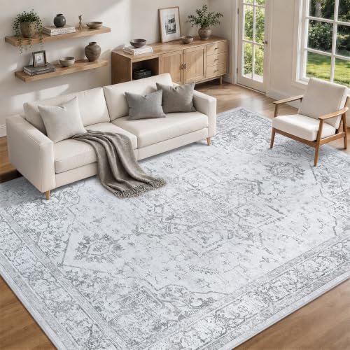 8x10 Gray Washable Area Rug for Living Room Non-Slip Low-Pile Carpet