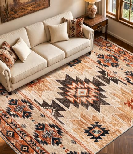YIHOUSE 6x9 Terracotta Western Aztec Washable Area Rug for Living Room