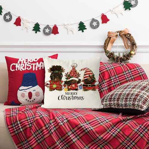 Christmas Pillow Covers 18x18 Inch African American Black Gnomes Throw Pillow Covers Christmas Xmas Winter Pillowcase Home Decor Living Room House Decorative Cushion Case for Sofa Couch