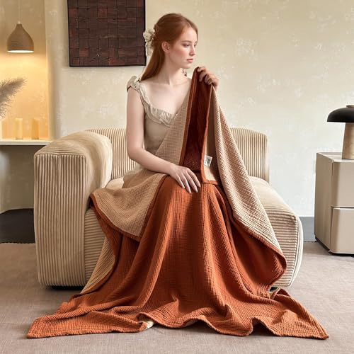 Cotton Muslin Blanket Queen Size Reversible 4-Layer Gauze Bedspread for All-Season Comfort - Rust Orange