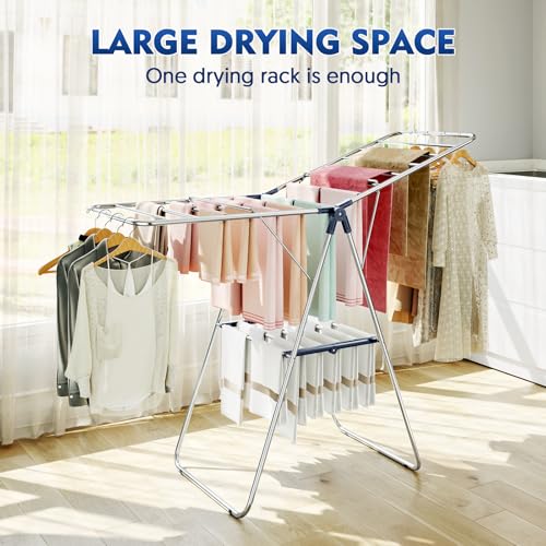 Blue Large Stainless Steel Clothes Drying Rack with 2 Wings - Adjustable & Foldable