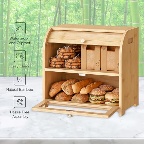 HOOBRO Bread Box, Bamboo Box for Kitchen Countertop, 2 Tier Roll-Top