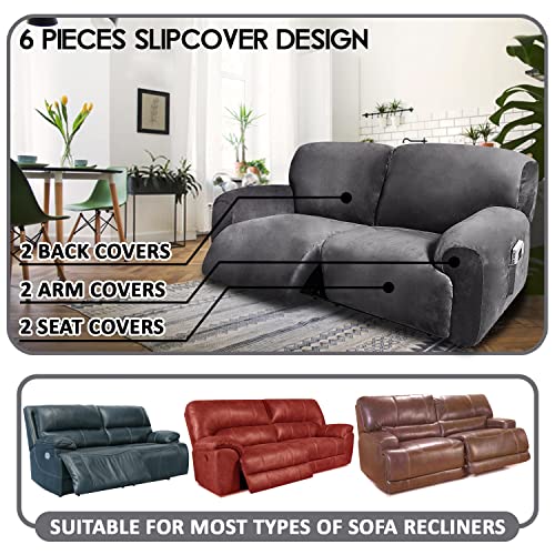 ULTICOR Dark Grey Extra Wide 75-100" 2-Seater Reclining Velvet Sofa Slipcover, 6-Piece, Washable