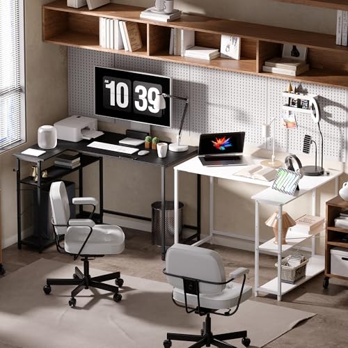 Pamray 43-Inch Black L-Shaped Computer Desk with Reversible Side Shelves, Small Space Home Office & Gaming Table
