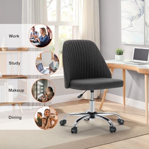 Sweetcrispy Deep Gray Armless Vanity Chair with Wheels - Small Office Desk Chair