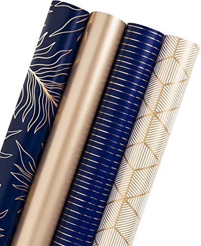 WRAPAHOLIC 30 Inch Navy Wrapping Paper - Jumbo Roll Gold and Print