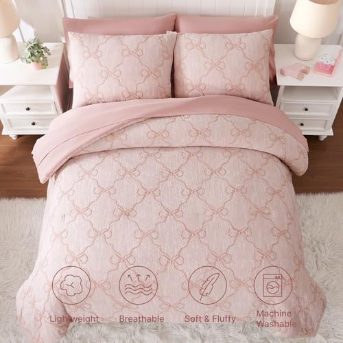 Pink Bow Twin Comforter Set with Sheets - Girl Bedroom Bedding 5 Pieces