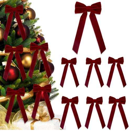 Bows for Christmas Tree,7 Pcs Small Red Velvet Ribbon Bows for Tree Topper, Rustic Vintage Holiday Decorations,Gift Wrapping,Boxes,DIY Crafts and Stocking Stuffers (Wine Red,8.5 x 4.1 Inches)