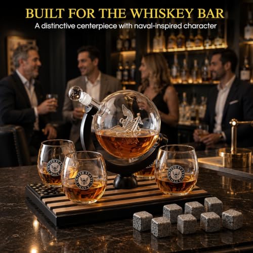 Navy Globe Whiskey Decanter Set with Glasses & Whiskey Stones - Veteran Gift