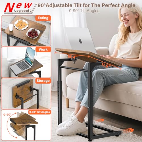 Brown 8-Level Adjustable TV Tray Table with Tilt & Phone Slot - Couch Side End Table