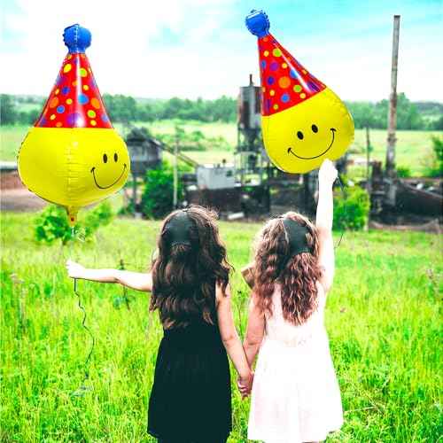 Unique 4D Happy Emoticons With Hat Balloons Smile Face Helium Balloons, 6 Pack Cute Cartoons Movie Character Smile with Party Hat Foil Mylar Balloons For Kids Birthday Decoration Party Supplies