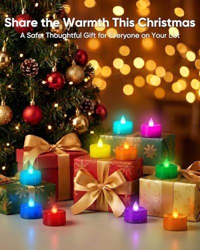 Homemory 12-Pack 7-Color Changing Flameless Tea Lights (White Body) – 200+ Hours