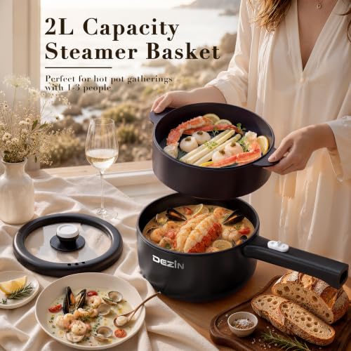 Dezin 2L Electric Hot Pot & Non-Stick Cooker - Matte Black, 700W Adjustable Power