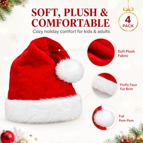 COOLJOY 4 Pack Plush Santa Hats - Adult & Kids Christmas Party Hats