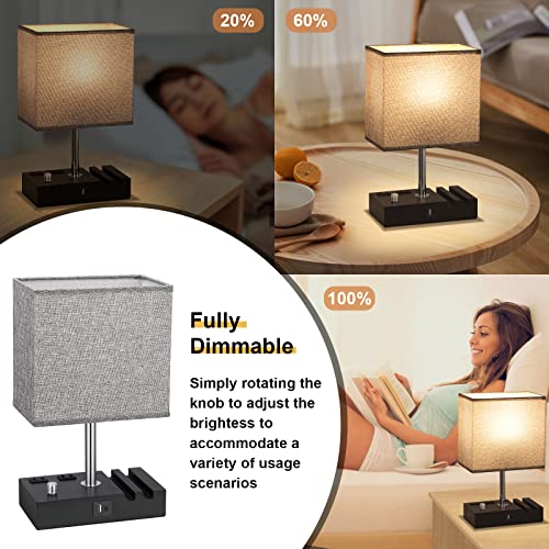 Wood Grain Bedside Table Lamp with USB Charging & 2 Outlets - Stepless Dimmable, 1 Pack